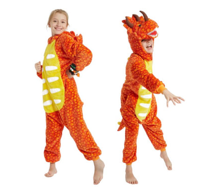 Combinaison Pyjama Enfants Rouge Dinosaure Capuche Garçon & Fille